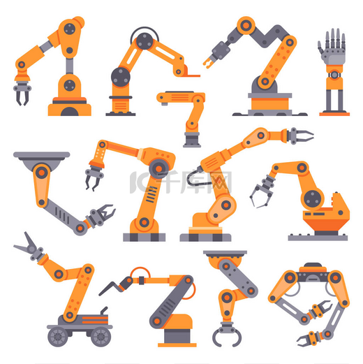 平板制造机器人手臂。全自动机器人臂、汽车厂输送机工业设备。电子机器人手向量集图片