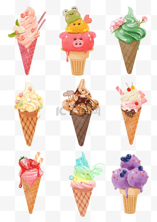 手绘水彩夏天卡通甜筒冰淇淋手账贴纸合集图片