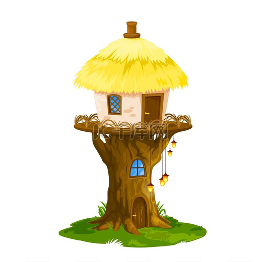 精灵或侏儒屋卡通幻想魔法森林树桩的矢量住宅有可爱的门窗芦苇屋顶烟囱和花灯童话村的房子小屋或平房精灵或侏儒屋卡通住宅图片