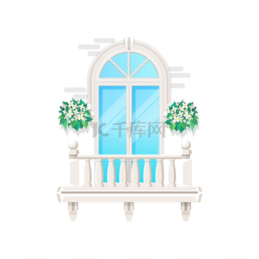 带窗户的阳台复古经典的建筑立面栏杆矢量平面图标现代化的阳台外立面窗户玻璃门白色大理石石栏杆和露台花卉阳台窗户和复古立面栏杆图片
