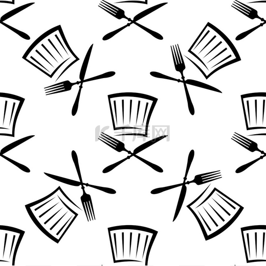 无缝的食品和饮料背景图案黑色和白色涂鸦草图交叉的刀叉和空杯子以正方形的形式分散重复图案无缝食品和饮料背景图案图片