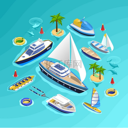 水运等距图收集海洋旅游概念组成包括一组水上交通工具充气船水上游乐设施和棕榈岛矢量图图片