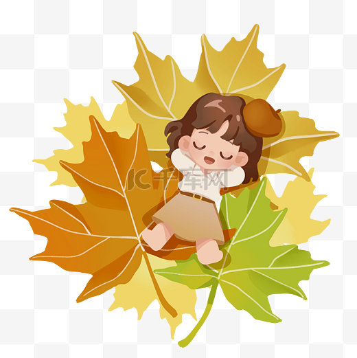 秋天躺在落叶上的小女孩图片