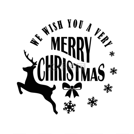 祝你圣诞快乐，海报上有雪花图标、弓和奔跑的驯鹿剪影矢量插图，在白色上被隔离。图片