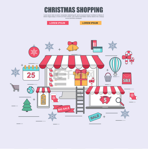 在圣诞节的在线商店购买商品的细线平面设计概念图片