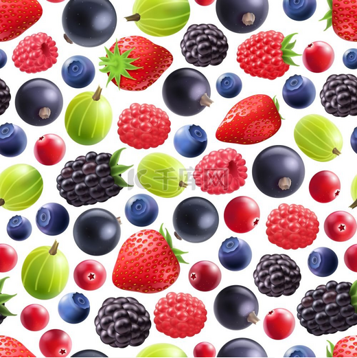 逼真的浆果无缝图案逼真的浆果无缝图案黑加仑醋栗覆盆子草莓黑莓蓝莓白色背景矢量插图图片