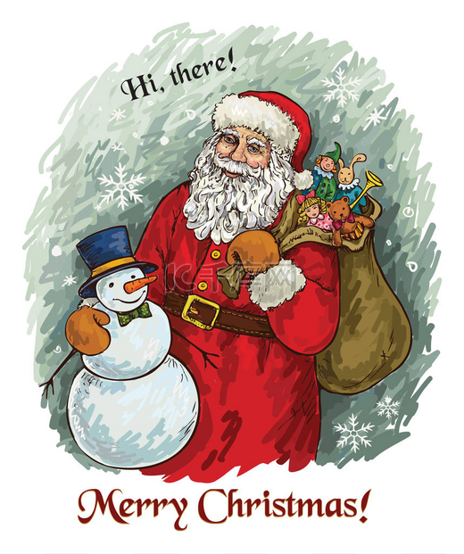 圣诞快乐！圣诞老人堆雪人。圣诞贺卡.图片
