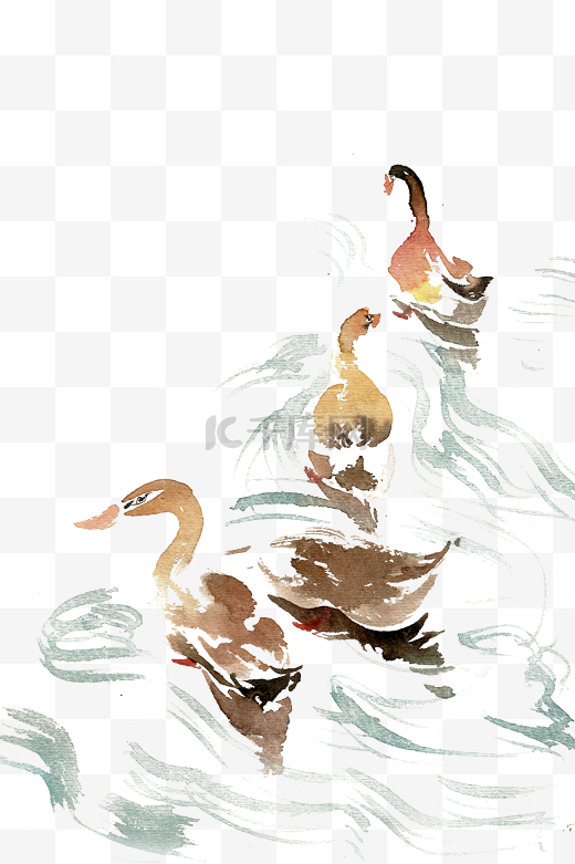 觅食的鸭子水墨图片