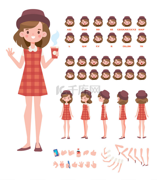 前面, 侧面, 背面, 3/4 视图动画字符。年轻的女孩性格建设者与不同的看法, 面部表情, 嘴唇同步, 姿势和手势。卡通风格, 平面矢量插图.图片