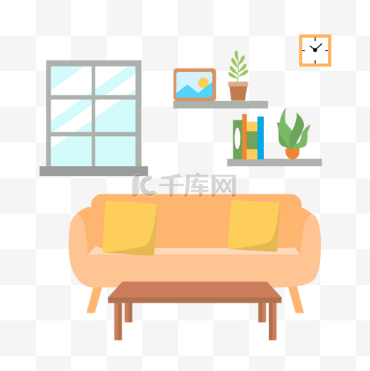 客厅房间起居室扁平风格木桌沙发与挂件图片