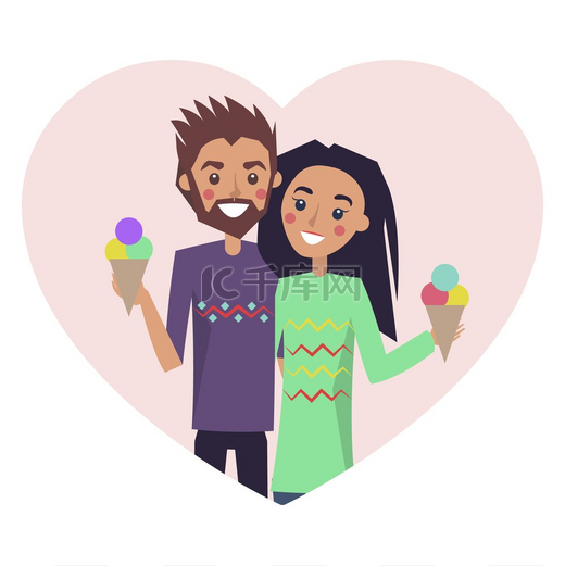 情侣爱上了冰淇淋，男朋友和女朋友在一起玩得很开心，男人和女人穿着毛衣，在矢量图上被隔离了。图片