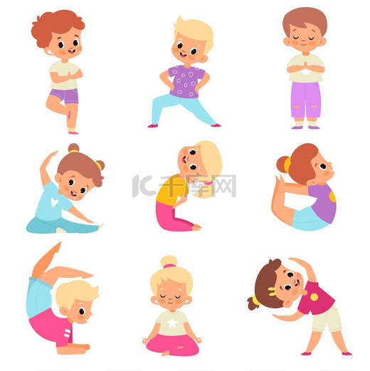 孩子们瑜伽。可爱的孩子们摆出瑜伽的姿势，快乐而灵活的男孩和女孩们在荷花冥想的姿势，呼吸与平衡，内在和谐而健康的生活方式。矢量漫画孤立集图片