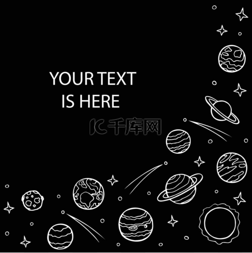 行星和太阳系恒星的右侧框架。空白的文字空间。在黑色背景上手绘涂鸦白线艺术。银河天体的海报。种群矢量说明.图片