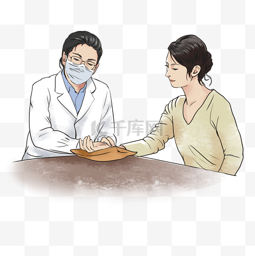中医医生把脉女性妇科手绘卡通写实图片
