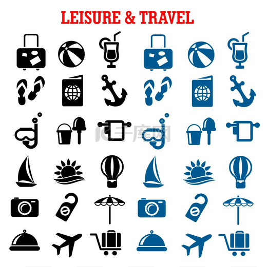 旅行和休闲平面图标设置有飞机、行李、护照、太阳、大海、酒店服务、帆船、锚、鸡尾酒、沙滩伞和玩具、相机、潜水面罩、热气球图片