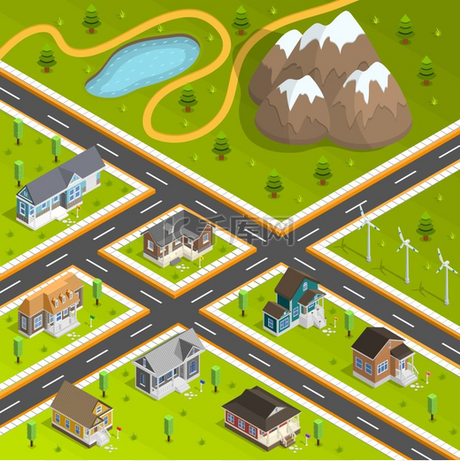乡村小镇建筑组成城镇建筑等轴测背景小屋高速公路湖山和涡轮塔景观矢量图图片