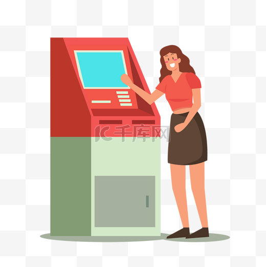 年轻女人atm机器存钱概念插画图片