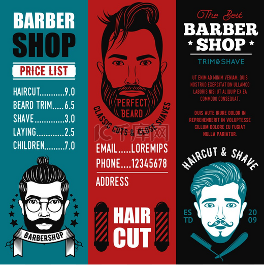 理发店的垂直横幅上有服务清单和大胡子男子的徽章矢量插图理发店垂直横幅图片
