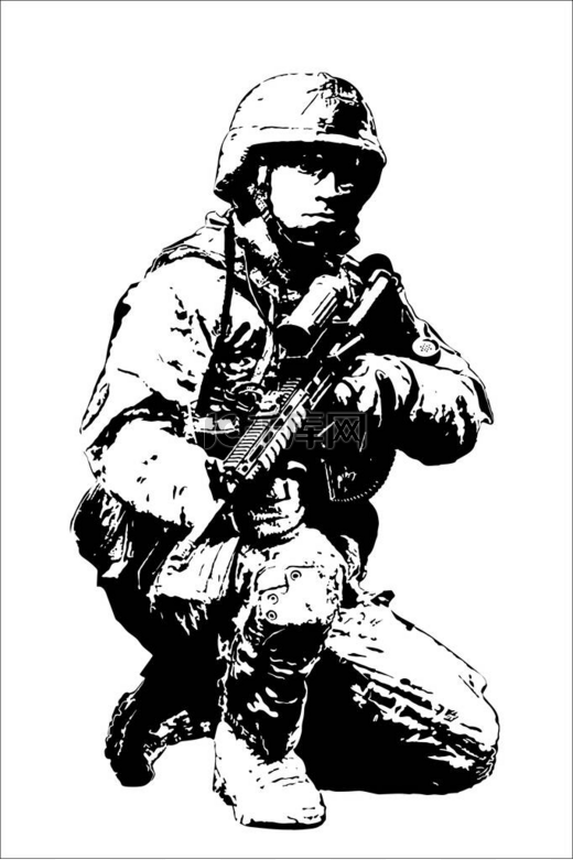 一个拿着武器，头戴安全帽，身穿美国制服的士兵，坐在那里，朝旁边看去。在白色背景上孤立的黑白对比图.图片