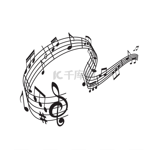 在壁板、音乐会或交响乐团矢量符号上的音符音乐波。图片
