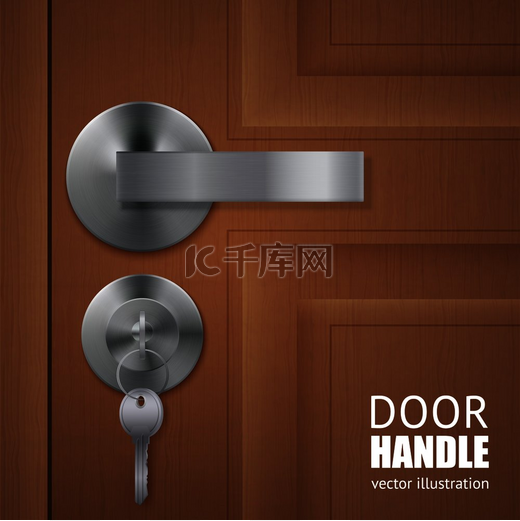 逼真的门把手锁键由木门和金属杆组成，锁矢量图中有钥匙。图片