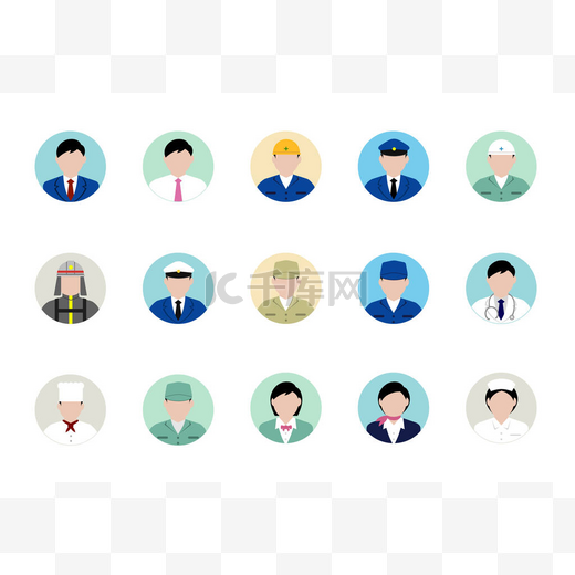 Circular worker avatar icon illustration set (upper body) / business person, blue collar worker, police man, cook , doctor etc.图片