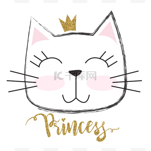 可爱的公主猫,头戴闪闪发光的皇冠.印刷、婴儿用品、 T恤衫、童装或包装纸.有创意的女孩原创设计图片