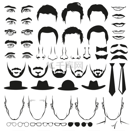 男人面对零件。眼睛，鼻子，胡子，眼镜，帽子，嘴唇，发型，领带和胡须。矢量集图片