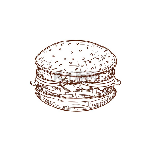汉堡单色素描孤立的汉堡或芝士汉堡矢量面包配奶酪排骨和生菜汉堡或芝士汉堡独立汉堡草图图片