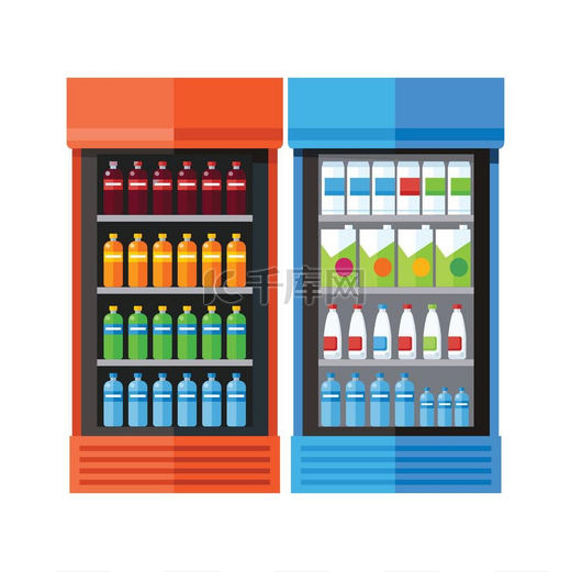 两个陈列柜冰箱饮料。 图片