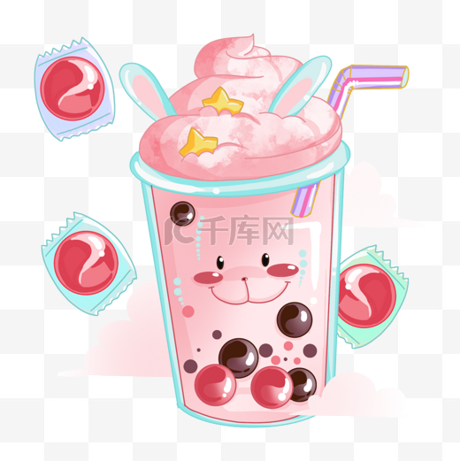 粉色卡通可爱兔子泡泡奶茶表情图片