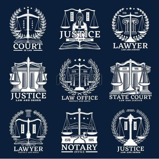 公证处、公证人和律师服务矢量图标，带有天平、月桂花环、法官锤和法院大楼。图片