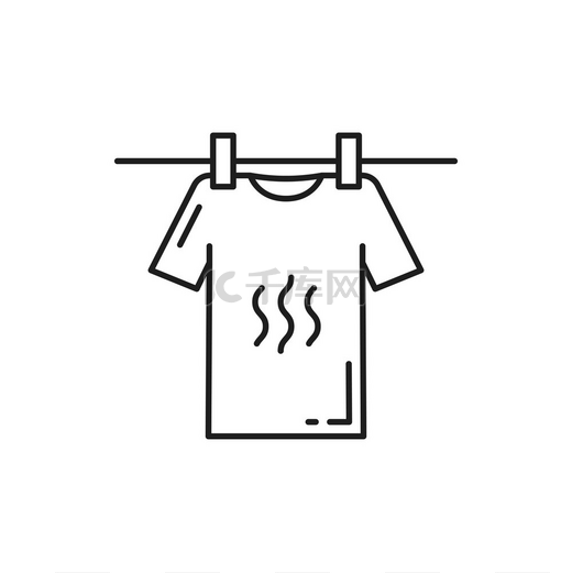 洗衣，挂在晾衣绳上的空白 T 恤孤立的细线图标。图片
