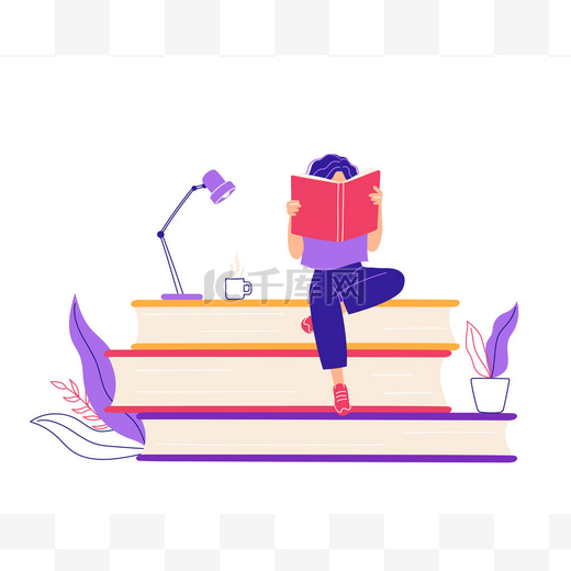 女人坐在一堆书上看书。网上图书馆、远程学习和自我教育的概念。在白色背景上孤立的平面样式矢量图解.图片