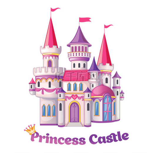 美丽的童话城堡公主，神奇的王国。 古董宫 梦幻岛 白色背景上孤立的卡通画。 儿童的主题。 浪漫的故事 B.病媒. 图片