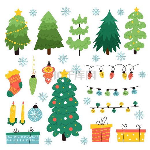 圣诞玩具树带有玻璃球礼物和灯泡花环的节日新年树卡通节日蜡烛绿色云杉和雪花圣诞庆祝装饰元素矢量隔离套装圣诞玩具树带玻璃的节日新年树图片