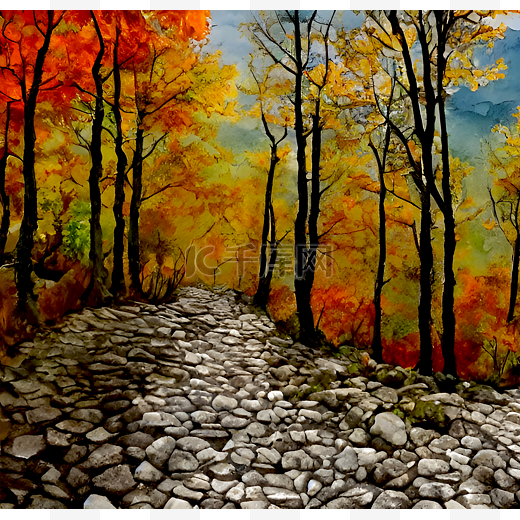 秋季的石路水墨图片
