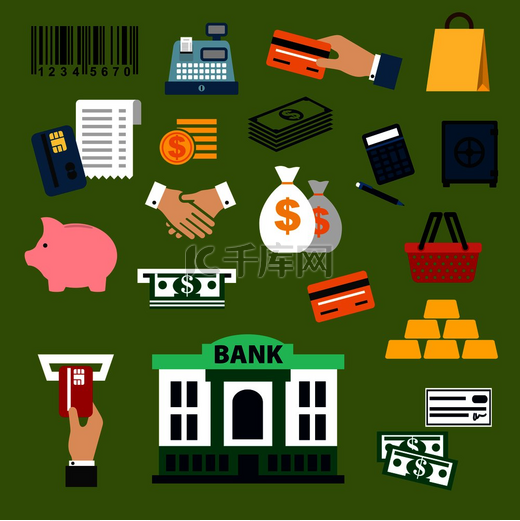 金融、银行和购物图标，包括美元钞票和硬币、信用卡、钱袋和握手、计算器、购物篮、袋子、存钱罐、保险箱、银行、金条、收银机和 atm 插槽。图片