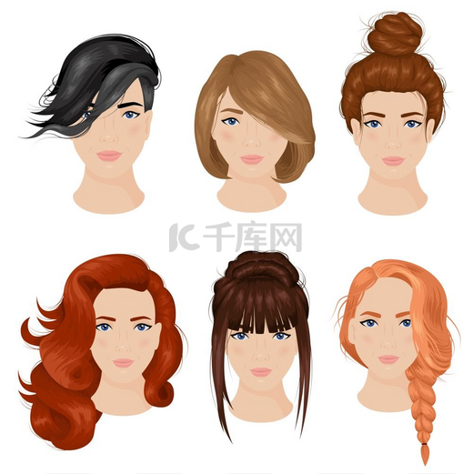 女性发型创意6图标系列简单可爱的长发发型创意6个图标集带发髻和辫子隔离矢量插图图片
