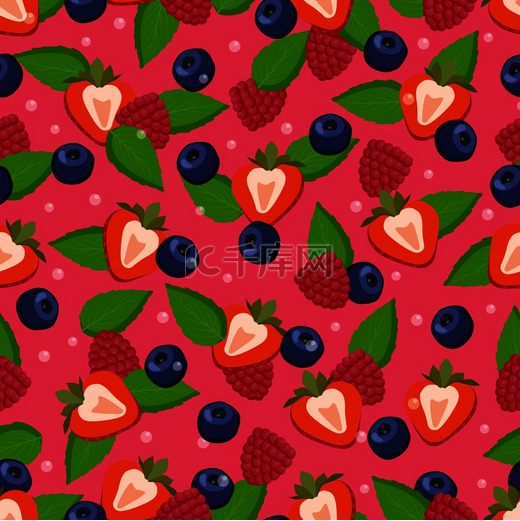 排毒水果成分无缝图案切草莓、蓝莓和覆盆子、薄荷叶、夏季健康有机素食载体。图片