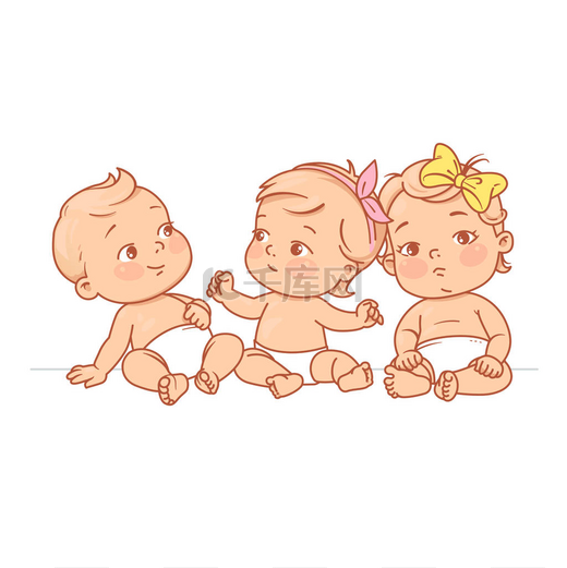可爱的小婴儿穿着尿布坐在一起。快乐的孩子们女孩和男孩微笑着挥动双手, 指指点点。在白色背景查出的向量例证.图片
