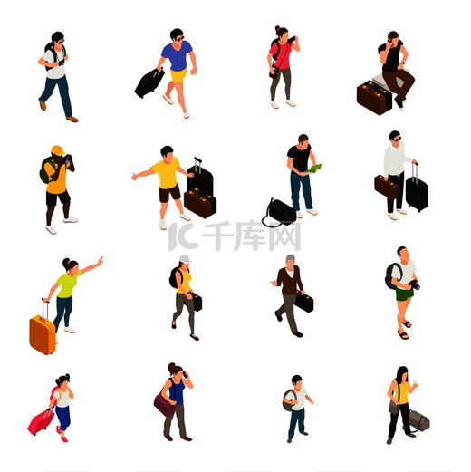 旅行期间携带行李和小工具的人在白色背景孤立矢量图上设置等距图标图片