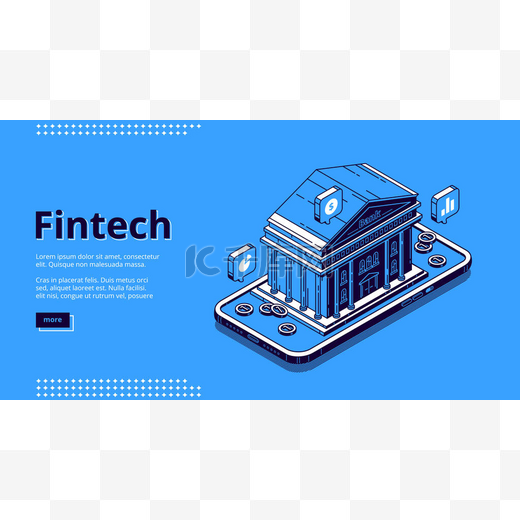 Fintech横幅。金融技术，银行业务的数字解决方案。金融服务软件和移动应用程序的矢量登陆页，附有银行大楼等距说明图片