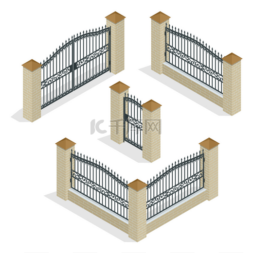 矢量等距图标或图表不同设计的围墙和大门隔离在白色背景上。石围墙、 铁栅栏、 铁艺围栏图.图片