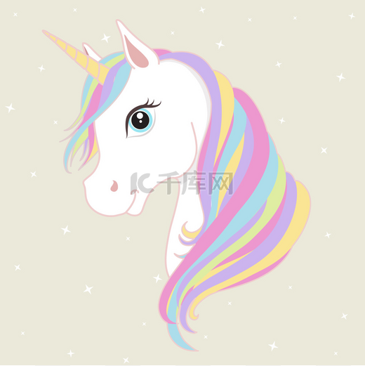 White unicorn head with rainbow mane and horn. Vector illustration.图片