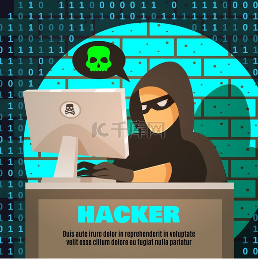 计算机附近的黑客插图戴着手套和口罩的黑客靠近电脑和砖墙上有头骨的云背景矢量图图片