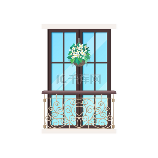阳台带窗户的房子和建筑公寓门廊矢量平面图标复古或现代的阳台玻璃窗门在锻造的格子栏杆阳台或露台上有花朵阳台房屋窗户立面或建筑门廊图片