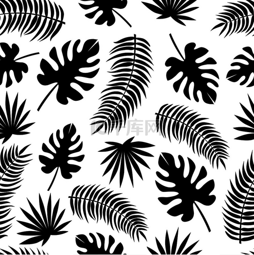 无缝图案白色背景上有热带树叶的黑色轮廓异国植物的无尽质感带有黑色叶子轮廓的无缝图案图片