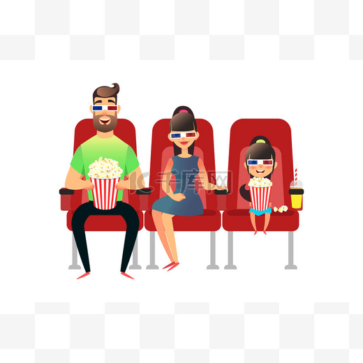 快乐的家庭在电影院看电影。妈妈, 爸爸和女儿在3d 眼镜。一个男人, 一个女人和一个女孩坐在座位上, 用爆米花和饮料看首映礼。小组的人观看.图片