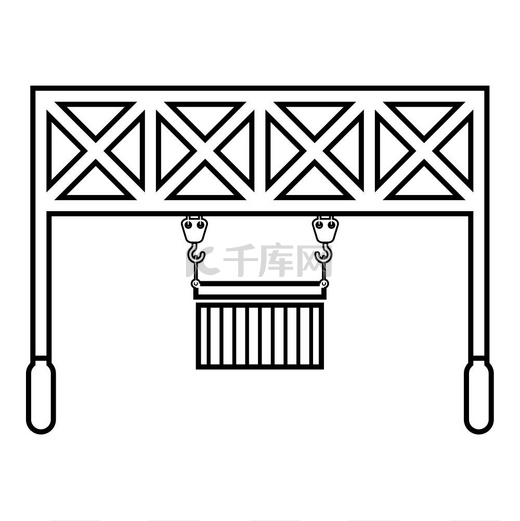 港口装载机铁路起重机与货物集装箱起重货物物流技术终端服务图标轮廓黑色矢量插图平面样式简单图像。图片